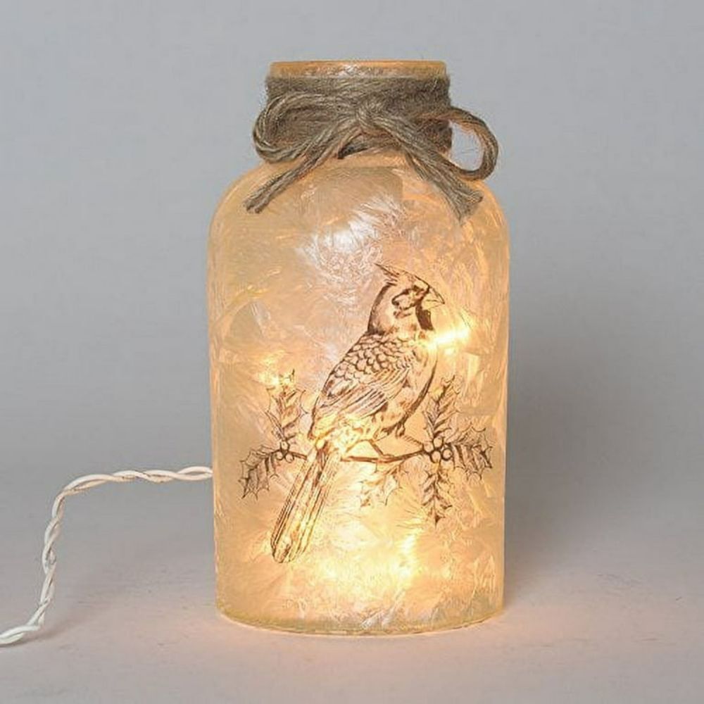 Glitzhome Lighted Frosted Glass Cardinal Mason Jar Luminary